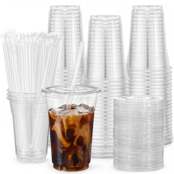 VITEVER [100 Sets - 16oz] Clear Plastic Cups with Lids and Straws, Disposable Iced Coffee Cups for Smoothie, Milkshake, Cold Drinks - BPA free